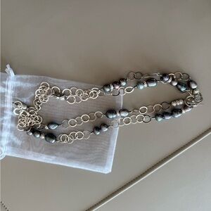 Elegant Black Pearl and Silver Chain Layered Necklace